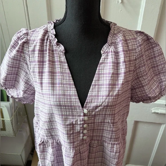 ModCloth Lavender Plaid Mini Dress Size Large V-Neck Short Sleeve Pockets EUC - Picture 3 of 12